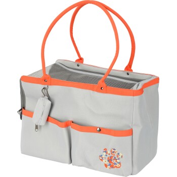 Sac de transport pour animaux gris avec des poignées orange, un dessus en maille et un design de pattes florales, avec deux poches avant et une pochette détachable.